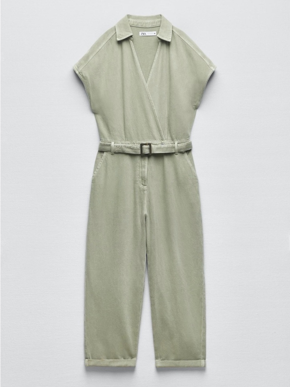 ZARA Long Denim Wrap Jumpsuit Sage Green Size M NWT Belted Short Sleeve
